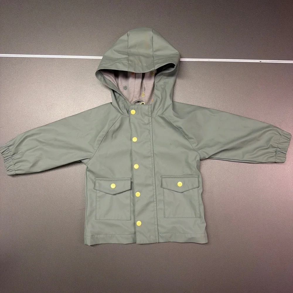Wonder Nation Baby Raincoat Sage Green Hooded Smiley Face Lining 12M Rain Jacket